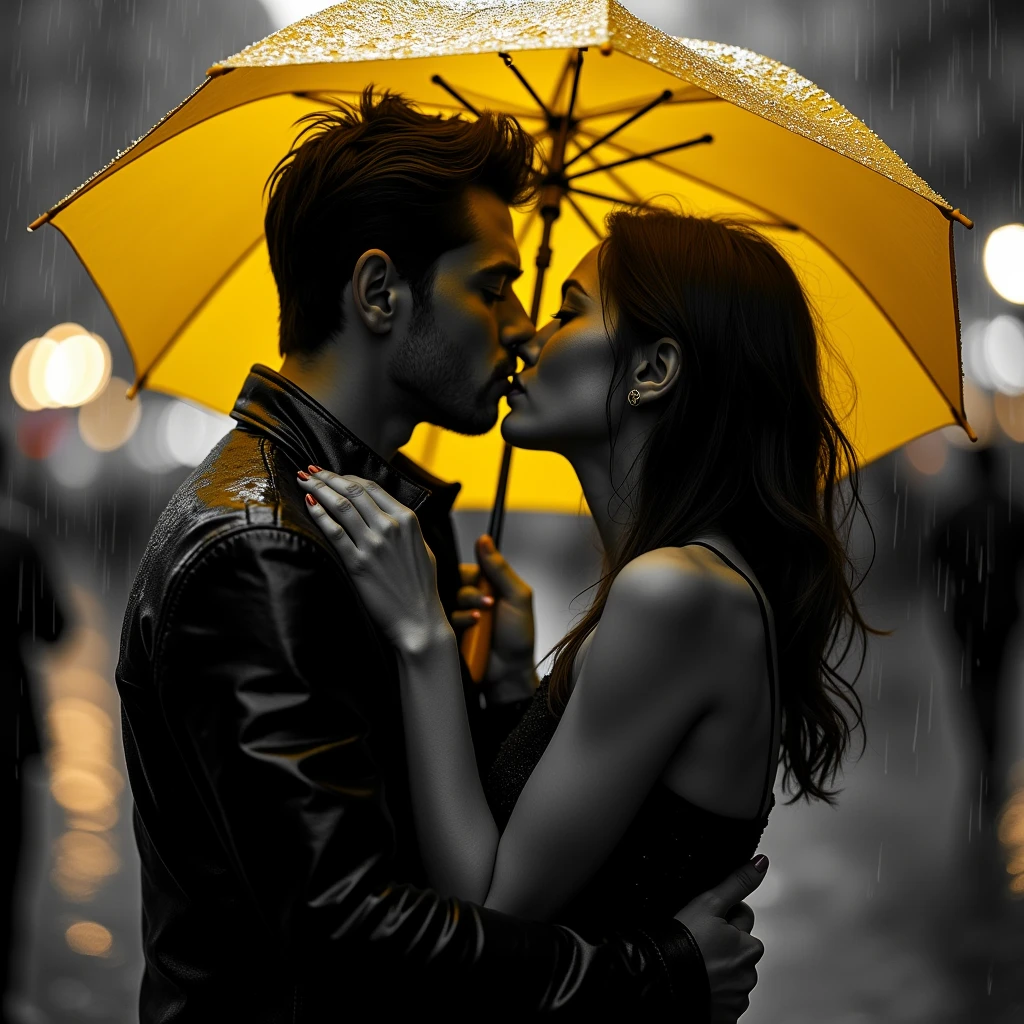 image noir et blanc, deux jeune s'embrassent sur la bouche humide en se regardant dans les yeux sous un parapluie jaune, sous la pluie, lèvres humides, éclairage en couleurs jaune. Photographie amateur