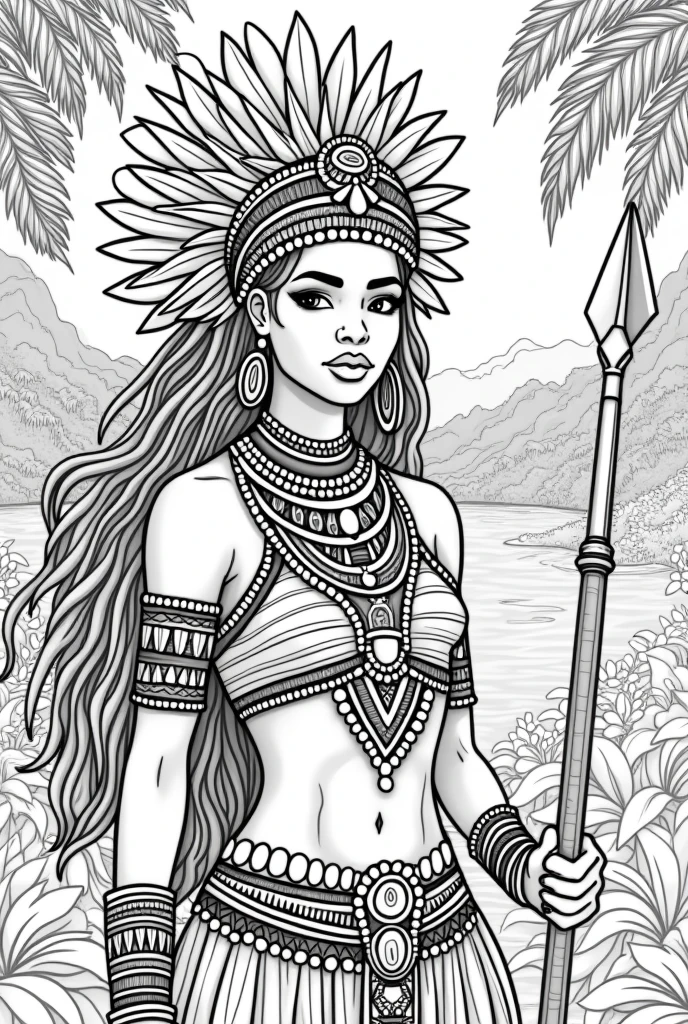  high-resolution line art coloring book page featuring the beautiful Black girl adorned with carib indian carib jewelry and a detailed headdress. The design highlights the patterns and textures, making it perfect for a coloring book., jungle, rivers, waterfal, african, Kalinago princess,  spear, kinky hair,  beads,  kinky african hair, with her warrior man