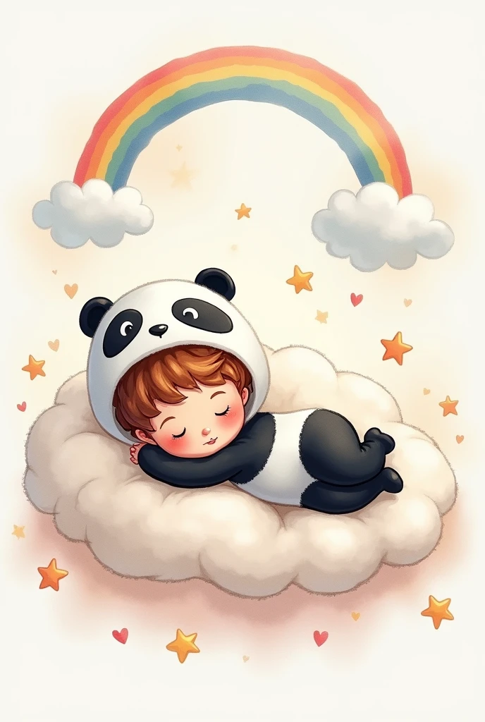 Make a watercolor-type image of a boy with curly hair, Chestnut dressed as a colorful panda bear lying on a cloud with little stars and light-colored hearts and a rainbow