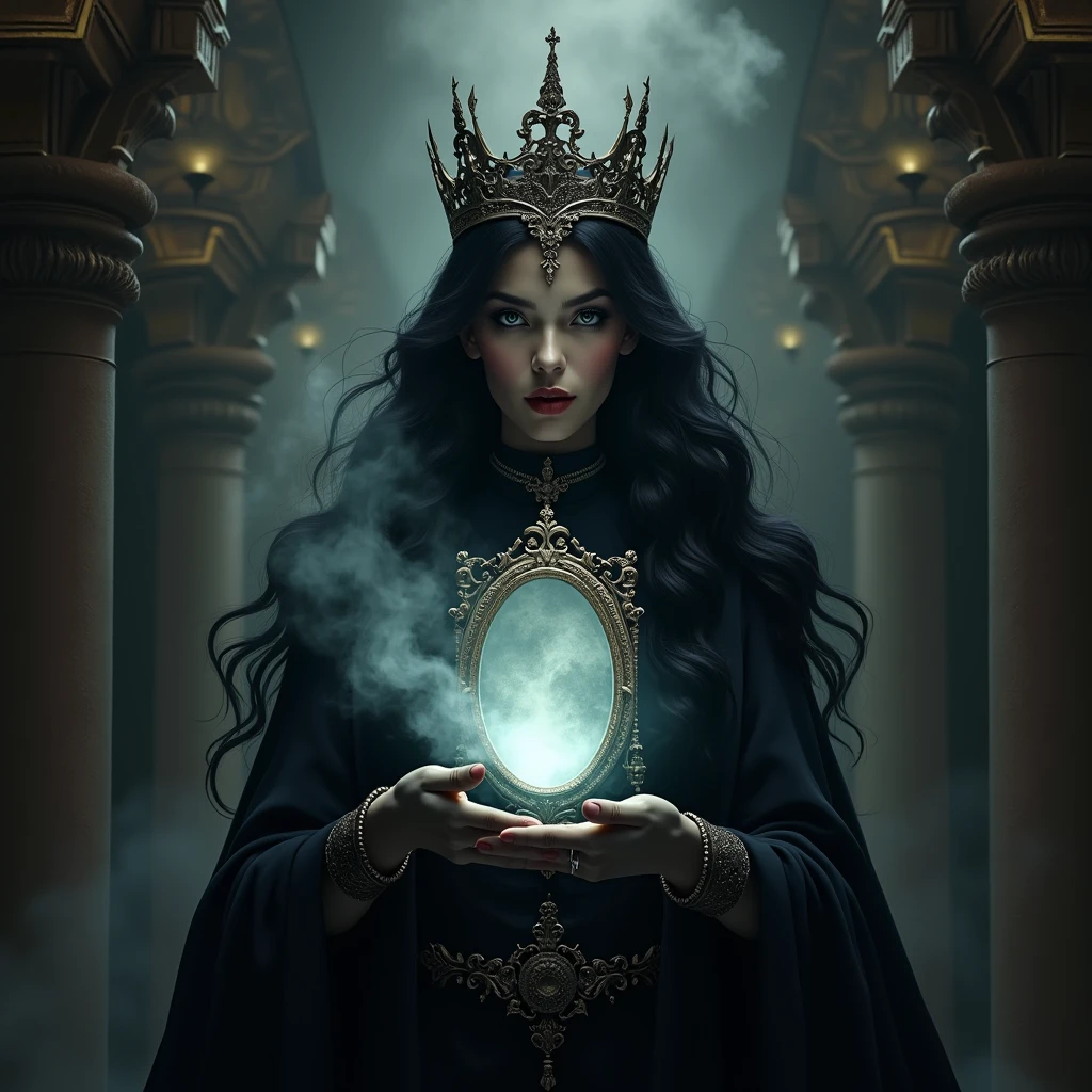 masterpiece, best quality, HD, Delicate texture, Real People，Realistic style，Evil Witch Queen, crown，((Holding Magic Mirror，Magic Smoke))，Fierce expression,Fantasy Art,Black long hair,((Magic Mirror)), ((Gloomy palace)), Black robe，Movie Lighting，Looking at the camera