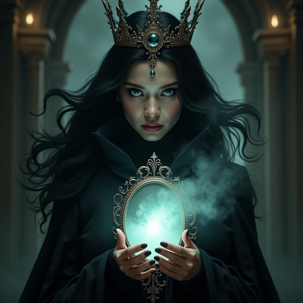 masterpiece, best quality, HD, Delicate texture, Real People,Realistic style,Evil Witch Queen, crown,((Holding Magic Mirror,Magic Smoke)),Fierce expression,Fantasy Art,Black long hair,((Magic Mirror)), ((Gloomy palace)), Black robe,Movie Lighting,Looking at the camera