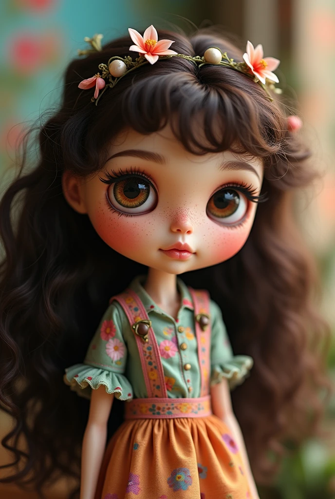 make me a blythe doll with white skin, long curly dark brown hair, brown dark eyes, freckles and colorful clothes