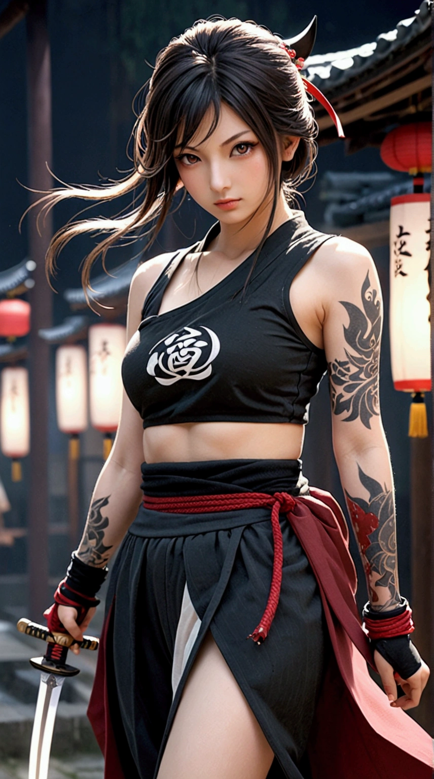 (Japanese sword &reference;Muramasa 2&reference;.2)Two beautiful women、Japanese swordを持った女性、Shinobi Costume、Warrior、Clear Eyes、{Arm tattoo、Warrior、Realistic battle scenes、敵Warriorの返りBlood、Blood、High resolution、Highest quality、Very detailed、8k、background、