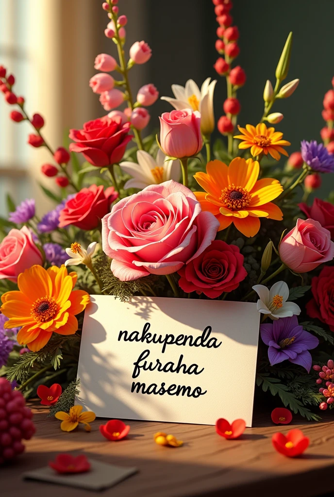 Create a banquet of flowers with a card Written "Nakupenda Furaha Masemo"