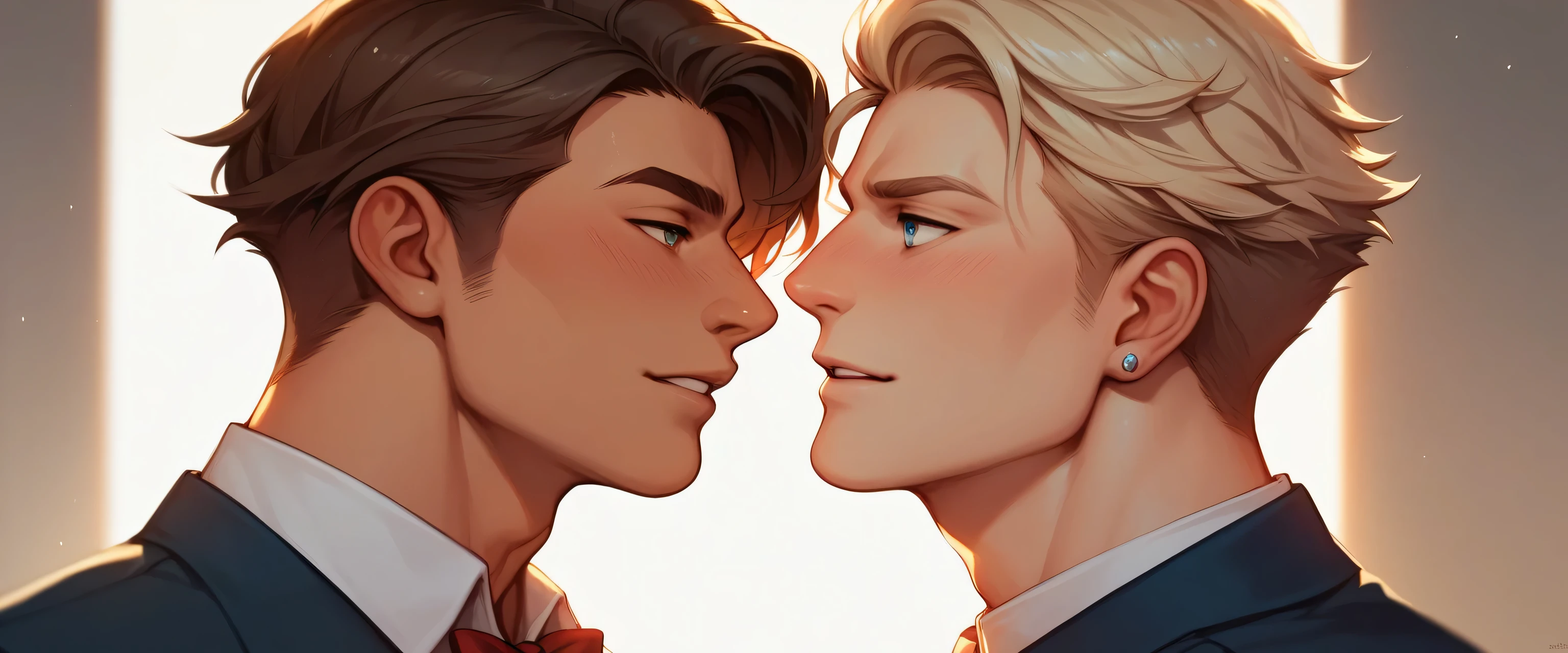 best quality, masterpiece, extremely detailed, close up of five men of different races and builds standing next to each other, varying hairstyles, gay, homoerotic, romantic atmosphere, ambient lighting, extremely dramatic shadows, perfection, no watermark, no logo, no signature