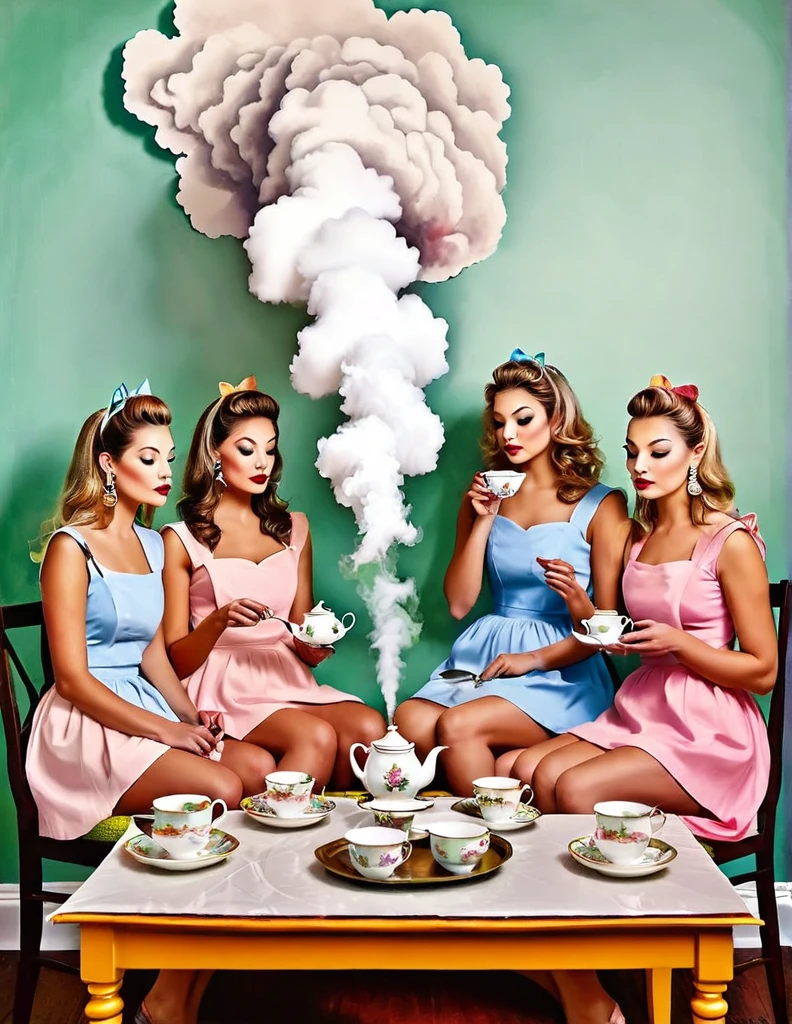 wxaliwonlan,Four girls, tea time,  tea leaves, painting, portrait, smoke, colorful cloud, paper cut, nsfw 