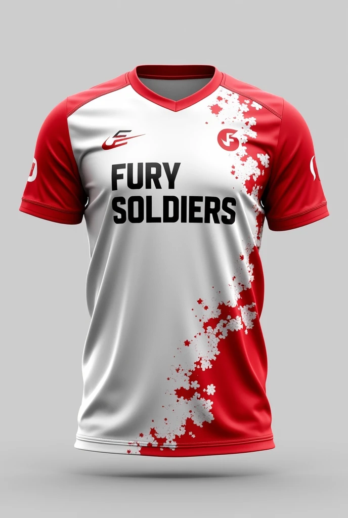 Creat a esports jersey for FS IN WHITE IN MAIN PART AND RED OVER WHITE IN SOME PLACE.write FURY SOILGERS IN MIDDLE.make Fs logo in right top.jersey look like nepal flag color.make it more red over white