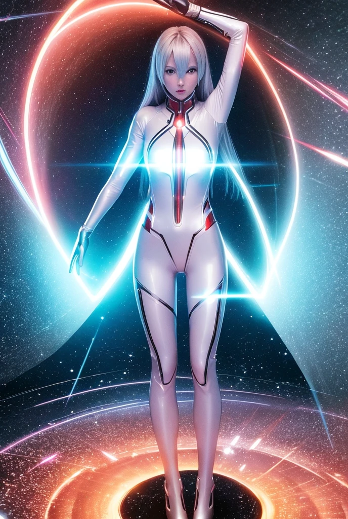 From within the vortex of light、Enter with your fist raised、A female alien with a silver body and red lines、Female Ultraman、The body is transparent