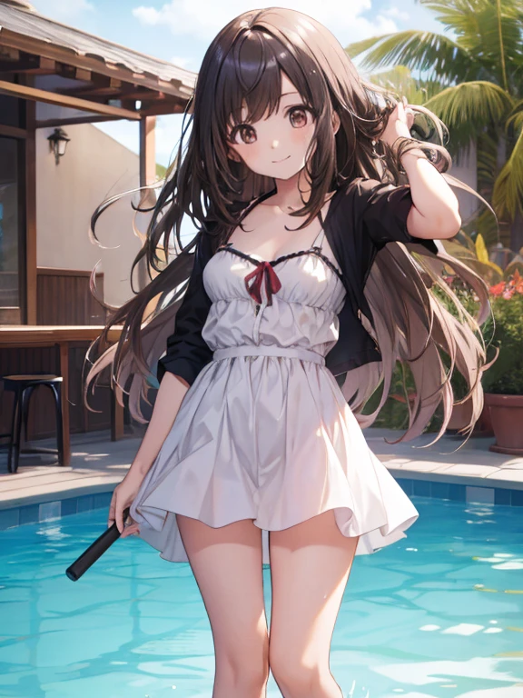 Girl, cute, adorable, smiling, straight hair, long hair, black hair, brown eyes, standing, Swayback stance, looking at the camera, From the front, from thighs to head, pool, daylight,Skirt-style-bikini