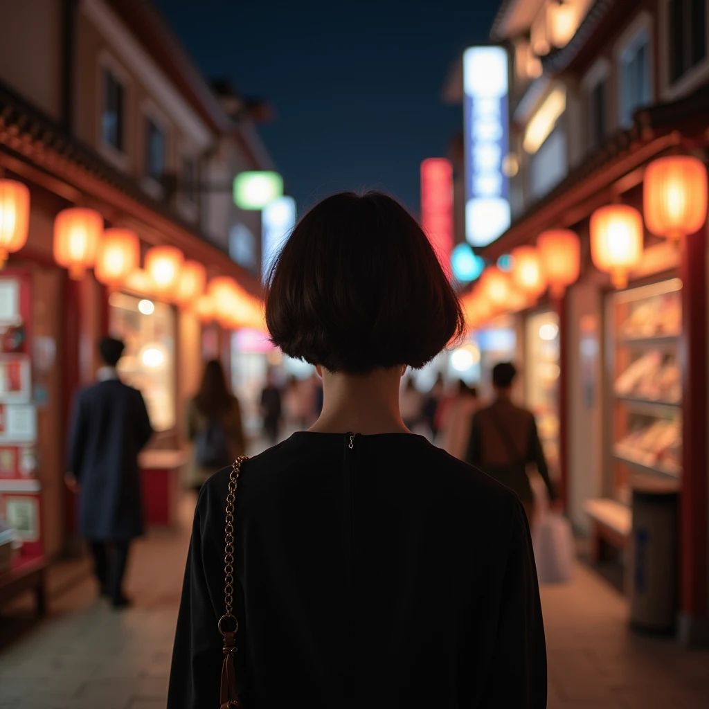"Photo taken from behind of a young Korean woman with short hair, dressed elegantly, seen from the back, on a Korean street at night, evoking a sense of travel."