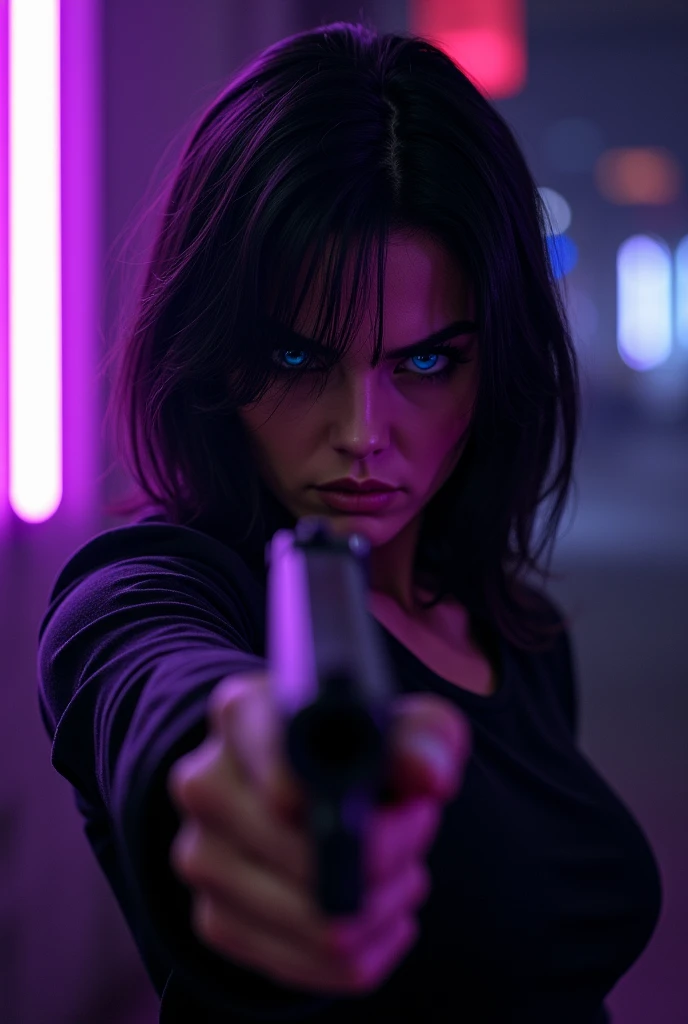 Blue eyes in women、Angry expression、Linda、Black Hair、Black clothes、Gun in hand、Night Background、Purple fluorescent light close-up