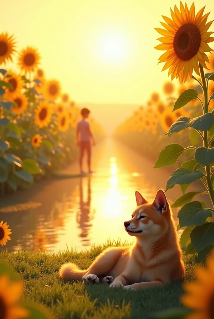 Image of animal looking for the sun, sunflower field, water reflecting the sun and human man putting on sunscreen 

