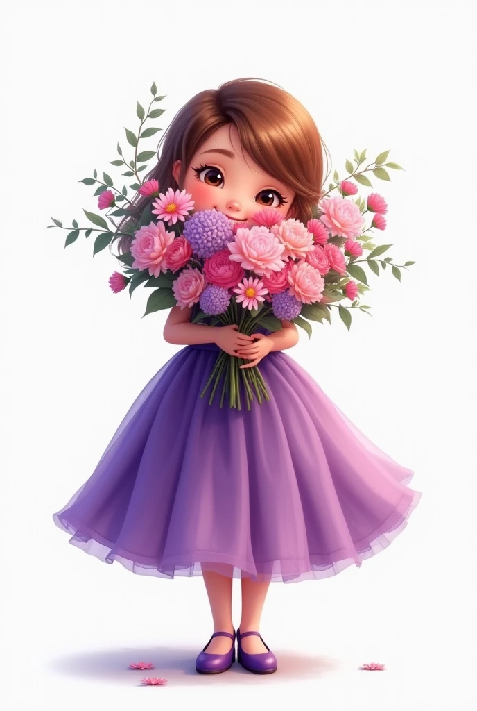 white background,baby girl standing,wearing beautiful party frock,purple shade full frill frock,wearing beautiful shoes,she holding large bunch of flowers,some flowers are fell down,nice smiling Sophia face,hide half face of flowers
