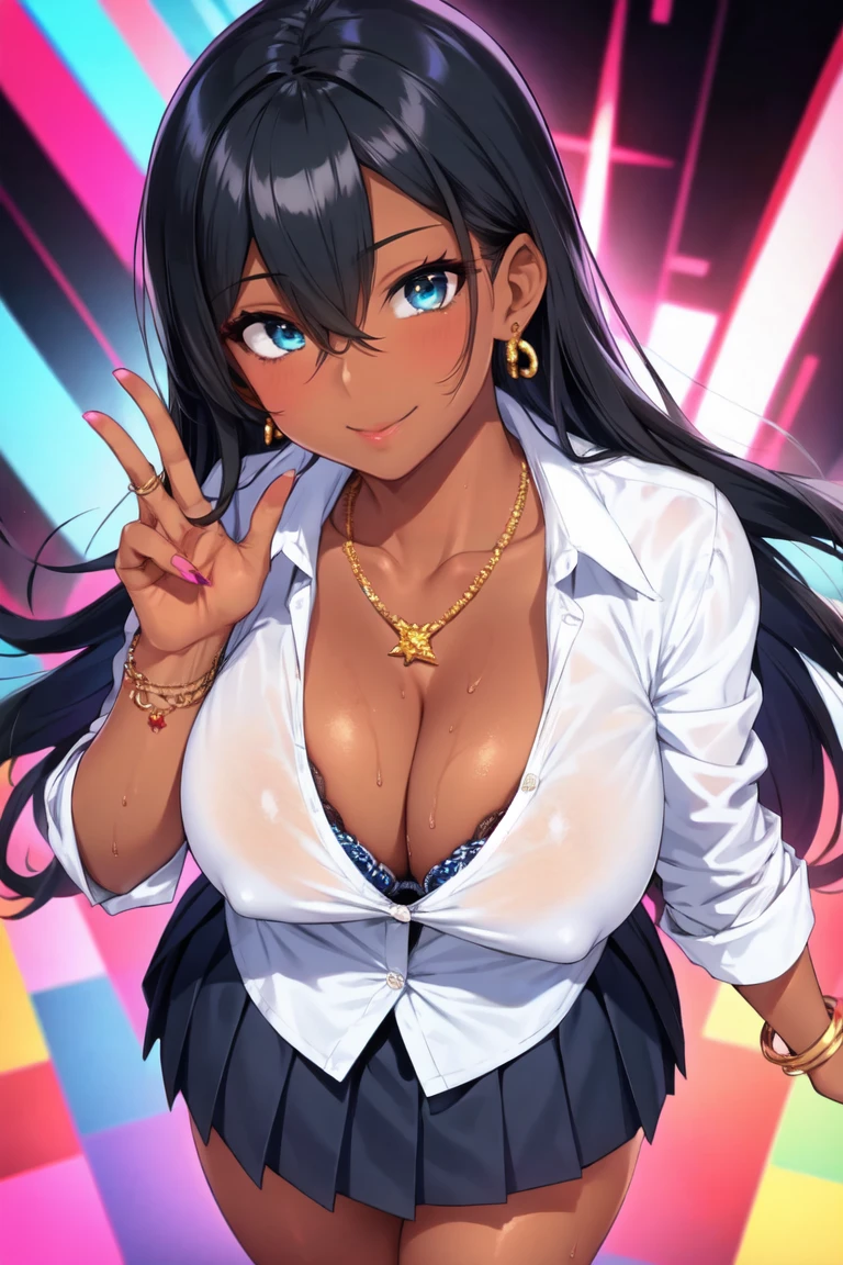 masterpiece, best quality, 1girl, solo, breasts, cleavage, long hair, black hair, (hair over eye:1.3), blue eyes, looking at viewer, sweat, large breasts, business suit, collared shirt, pleated skirt, flashy gyaru, happy, showy,too many accessories, colorful , kogal, kogal gyaru, necklace, earrings, bra peek, dark skin, tanned,