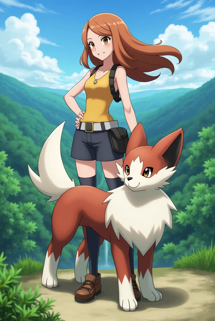 Female Pokémon Trainer, 2 copper brown hair, long, with brown eyes looking forward with an absol to one side 