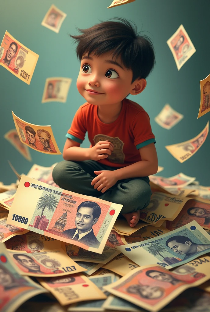 A boy is sitting on Bangladeshi money. That money will be Bangladeshi currency money printing bangabandhu Sheikh Mujibur Rahman