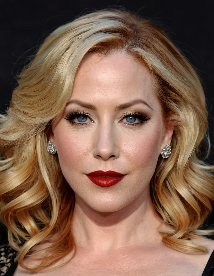 A waist-up portrait of a beautiful female whose facial features are a combination of Molly C. Quinn + Christina Applegate. The female has lovely makeup on her face. The female wears red lipstick. Symmetrical eyes. Symmetrical face. Lovely details. Photorealistic. Full-colored photo. Professional photo. Highly detailed 8K.
