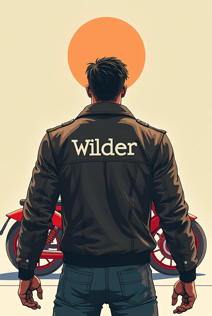 As an image of a man standing with his back turned with the name WILDER on his jacket standing in front of a red 2D motorcycle