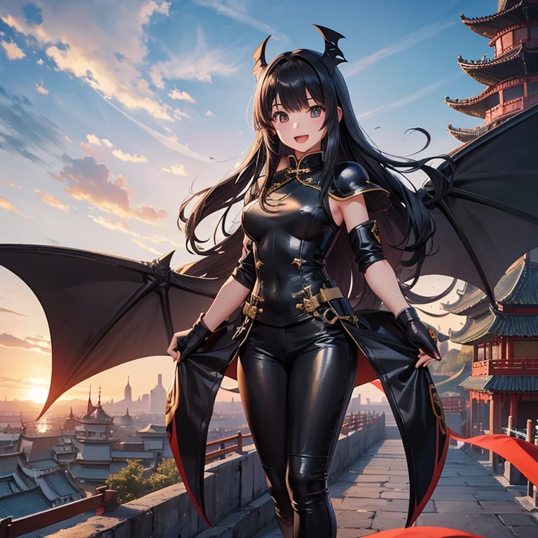 Girls, Anime, Black Leather Pants, Chinese Knight Armor, Long Hair with bangs, Chinese Castle, Giant Bat Wings, Asian, Smile, Friendly, Open Mouth, Full Body, Ghibli.