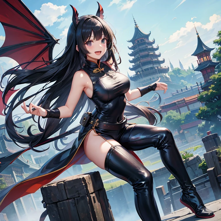 Girls, Anime, Black Leather Pants, Chinese Knight Armor, Long Hair with bangs, Chinese Castle, Giant Bat Wings, Asian, Smile, Friendly, Open Mouth, Full Body, Ghibli.