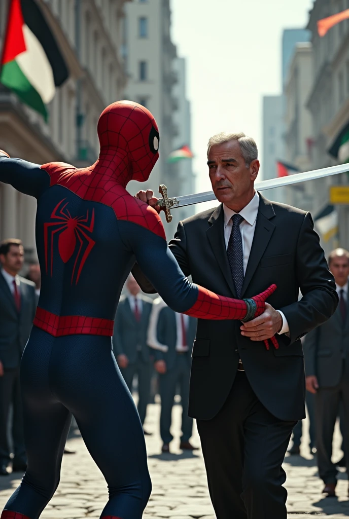 A spiderman is killing Israeli prime - minister by sword in a city and his prime minister's dress is maked by Israeli national plag and some of Palestinian people is looking this seen