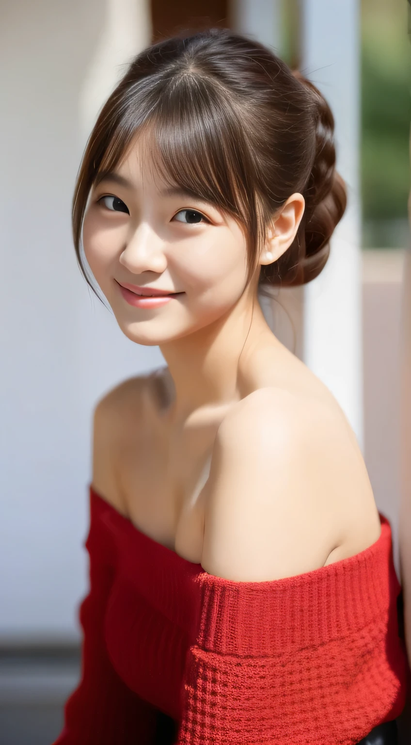 masterpiece,best quality,(Japanese girl),((Beautiful girl)),cleavage,(off shoulder:1.2),(perfect body beauty:1.2),(shy smile),From slightly above