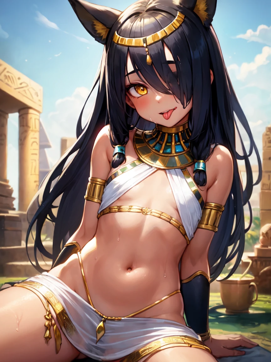 (SLE, mksks style, detailed background:1.1), (solo:1.3), girl, dark skin, ornate egyptian dress, long hair, black hair, beautiful hair, hair over eye, yellow_eyes, happy, portait, head tilt, volumetric lighting, (outdoor:1.3), egyptian house, colorful, flat chest, female anubis, egyptian clothes, egyptian mythology, see-through, , lewd outfit, young, (young girl), child, (very young girl), small girl, skimpy outfit, midriff, nsfw, lewd, slutty facial expression, wet tongue