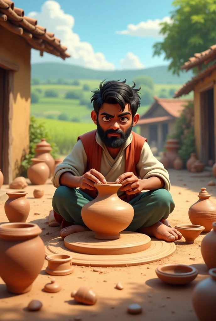 "A skilled potter named Ramu in a small, rustic village, working on a pottery wheel. He is surrounded by unfinished and broken pots, reflecting his challenges. The village is serene, with simple houses and fields in the background."
Cinematic cartoon ste