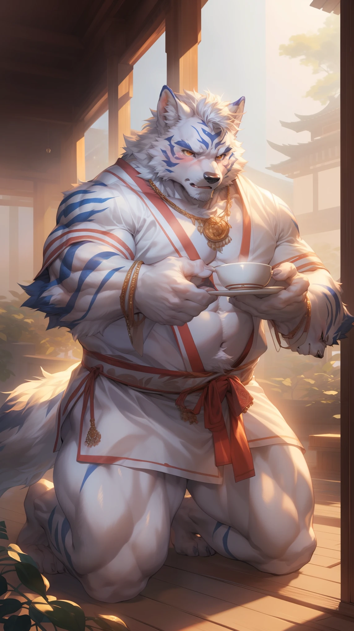 (By Empty Ghost, From thebigslick, By Dark Gem, Will chase), Keyuan Building (Onmyoji Daisenji Temple), High quality photos, Perfect anatomical structure, Anthropomorphic white wolf, male, 30 years old, (wolf print), Thick eyebrows, short hair, Strong body, Fat, White pectoralis major, White Kimono, Pine tree pattern embellishment, Small bump, Pink milk clusters, Kneeling on the wooden floor of the courtyard, a cup of tea, Shy expression, blush, Golden pupils, Look up at the audience, (Dynamic poses:1.5), Clear facial features, Strong, solitary, Bottom view, Full body portrait, night, Starry Sky, Foggy atmosphere, In the classical garden, White pebbles can be seen everywhere, wild plants, (By Empty Ghost, From wolf20, masterpiece, high quality, high resolution, 8k)