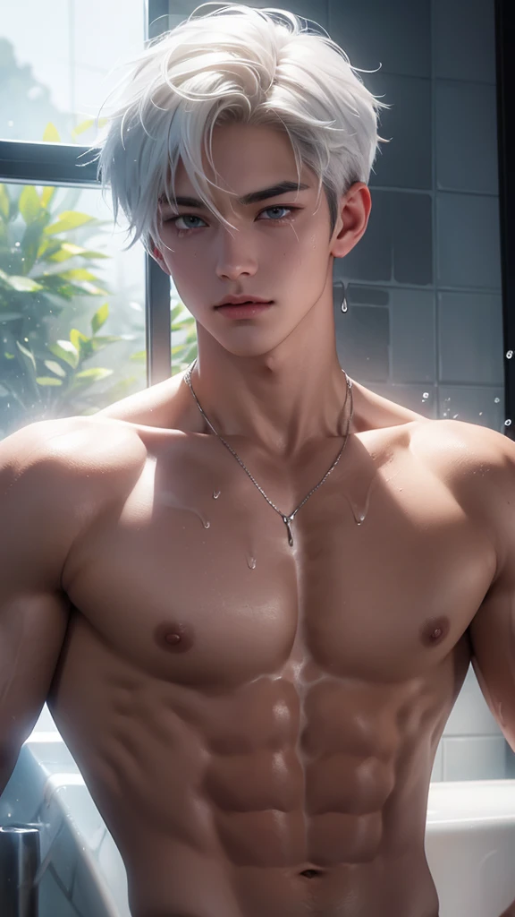 A young boy with white hair,fair skin,handsome,The triangle briefs are wet, so I took half of them off.,裸上半身Soaked in milk,Showing six-pack abs and chest muscles with water droplets on them,Soaked in milk,纖細長腿Soaked in milk,The bottom highlight is very large and dripping,Soaked in milk,Tilting their head back, they wore an expression of comfort.,hands on the floor,covered in milk,There's milk on your face too,身上Soaked in milk,Complete character,To the light,The light shines on the abdominal muscles