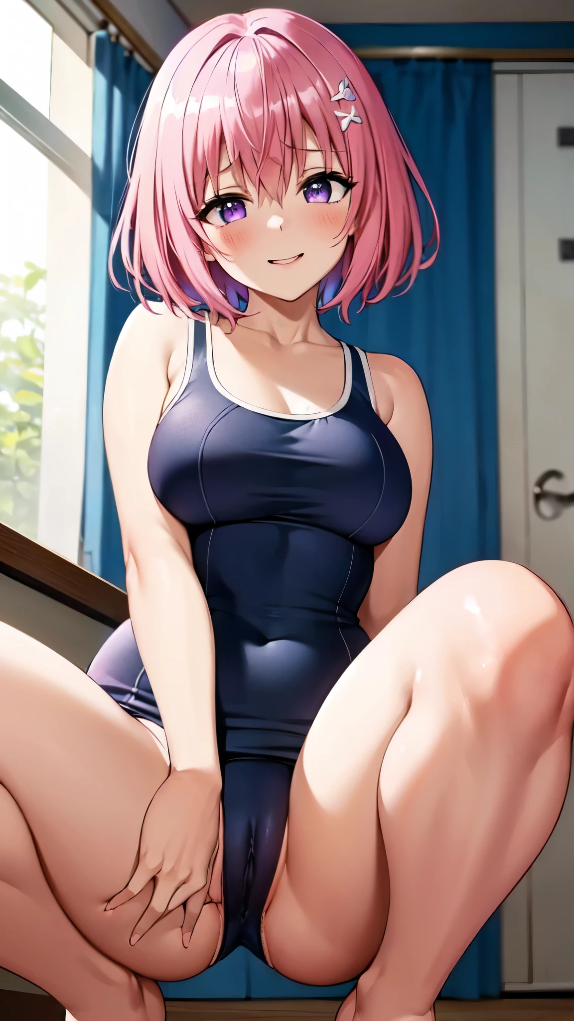 8k,Highest,quality,(highest quality:1.1), (masterpiece:1.4), (Confused:1.0), 
1 person, Deviluke Type, hair ornaments, Bobcut, Short Hair Pink Hair, Purple eyes, Narrow waist,medium , ((Navy blue school swimsuit)), ((((In her room)))), (blush:1.2), smile,（Perfect Fingers）, sexy po arms behind heads,naked, squg,open legs,pov ,Heavy breathing,((Pussy Line)),
