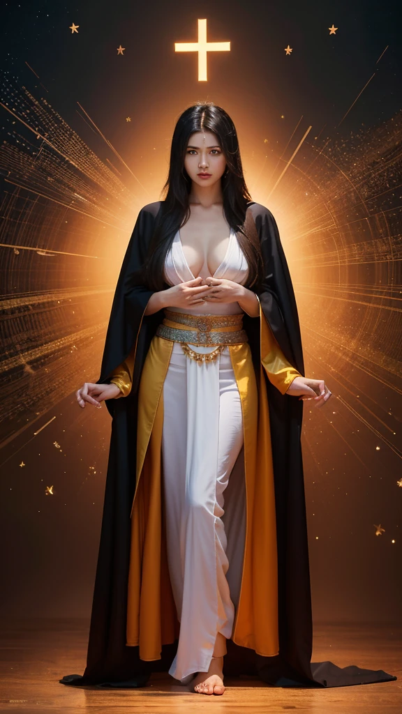 Buddhist text background all over the sky,A Bodhi Girl,long hair shawl,Big breasts,wearing cassock,Swastika embossed jewelry on back,Nasturtium at feet,Movie Special Effects,Super detailed,8k