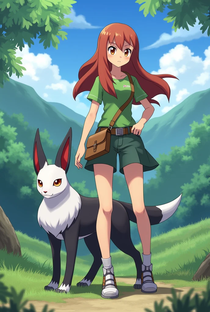Female Pokémon Trainer, 2 copper brown hair, long, with brown eyes looking forward with an absol to one side 