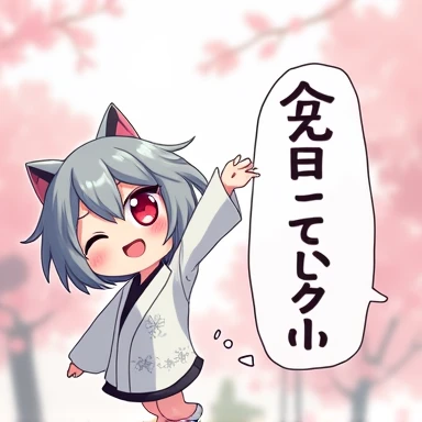 One Woman,Gray Hair,Cat ear,((Chibi Character)) ,Red eyes,,White kimono,Please raise your hand,Jumping,smile,smile,Enter your text in the bottom right corner of the fantasy image,A very popular font,