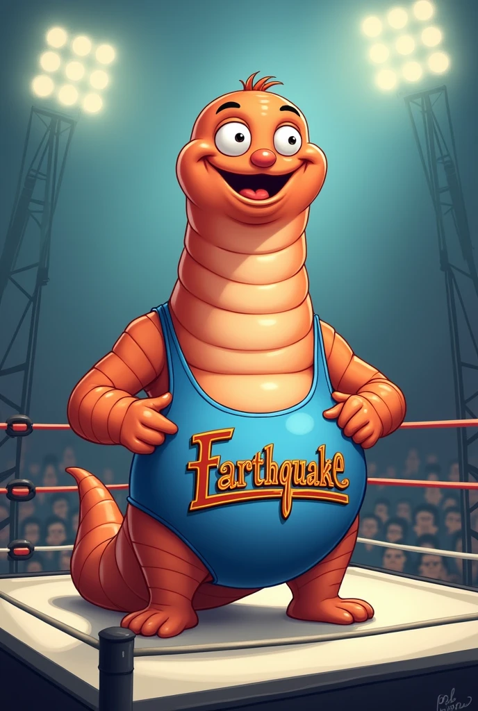 Fat Cartoon Earthworm dressed like WWE wrestler Earthquake 

Fat Cartoon worm body. Cartoon worm head. Cartoon worm arms. Cartoon worm legs.



Blue wrestling singlet.

Standing in a wrestling ring.