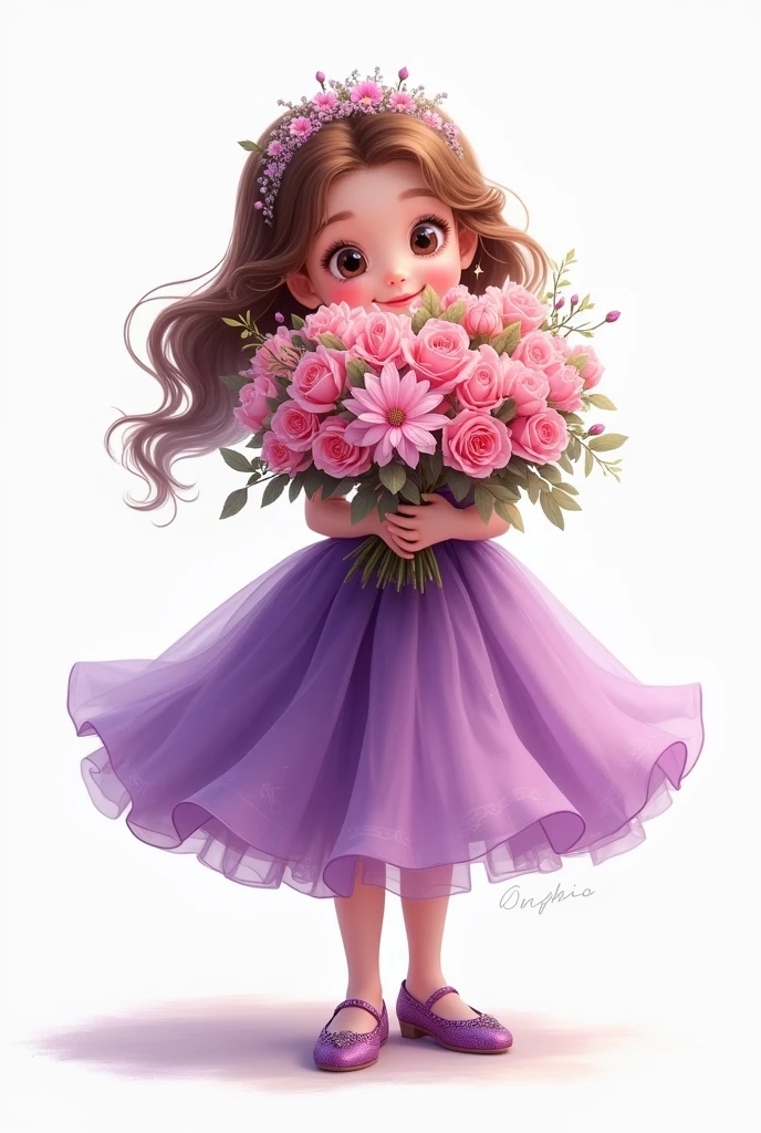 white background,baby girl standing,wearing beautiful party frock,purple shade full frill frock,wearing beautiful shoes,she holding large bunch of flowers,some flowers are fell down,nice smiling Sophia face,hide half face of flowers
