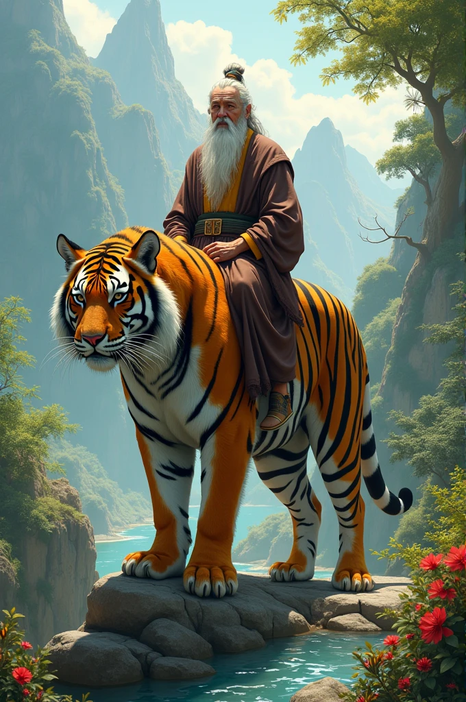 Old man riding a tiger