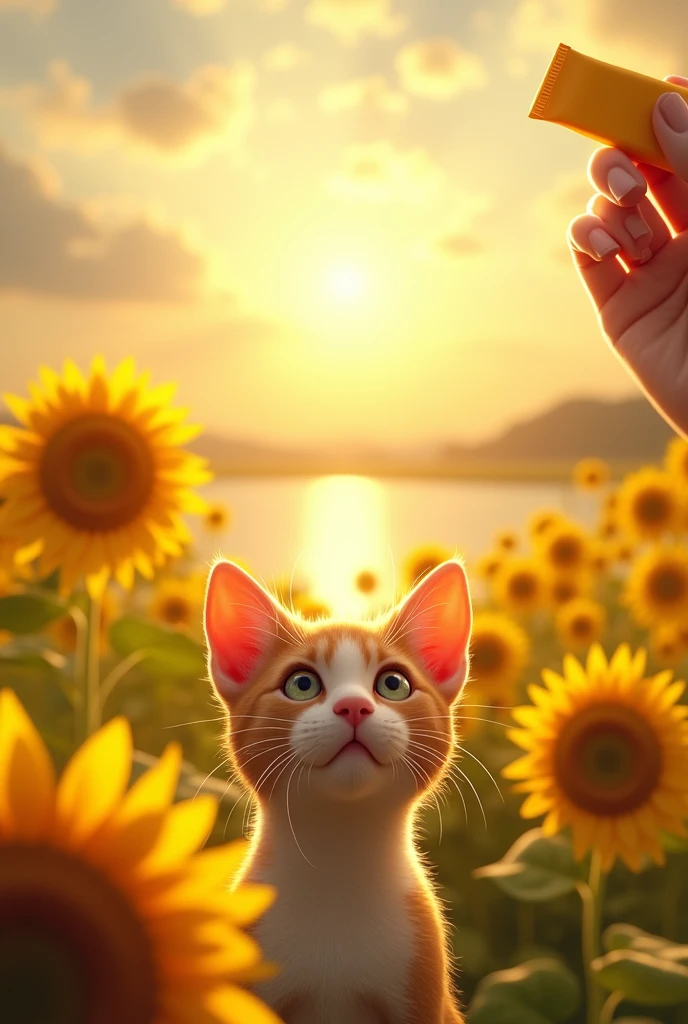 Image of animal looking for the sun, sunflower field, water reflecting the sun and human man putting sunscreen on his skin