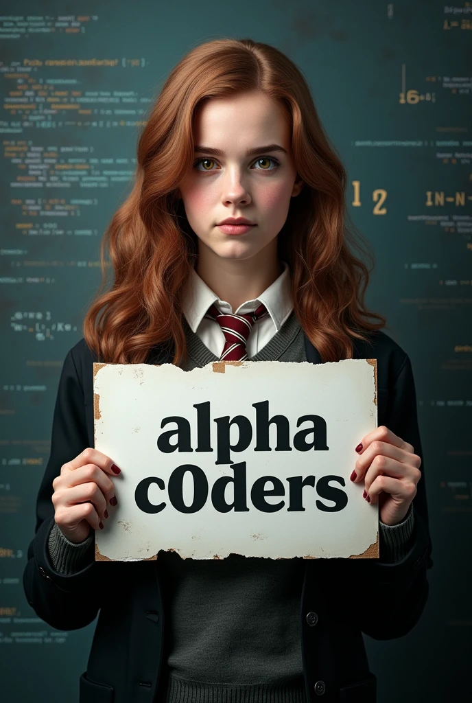 a detailed portrait of Emma Watson Hermione Granger Teenager holding a sign that says "Alpha C0ders" with a background of Python and JavaScript programming themes, highly detailed, photorealistic, cinematic lighting, dramatic composition, digital art