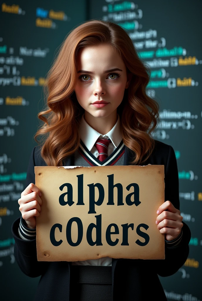 a detailed portrait of Emma Watson Hermione Granger Teenager holding a sign that says "Alpha C0ders" with a background of Python and JavaScript programming themes, highly detailed, photorealistic, cinematic lighting, dramatic composition, digital art