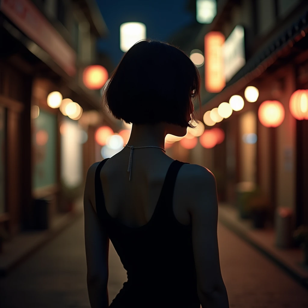 "Photo taken from behind of a young Korean woman with short hair and an attractive silhouette, dressed elegantly, seen from the back on a Korean street at night, evoking a sense of travel."