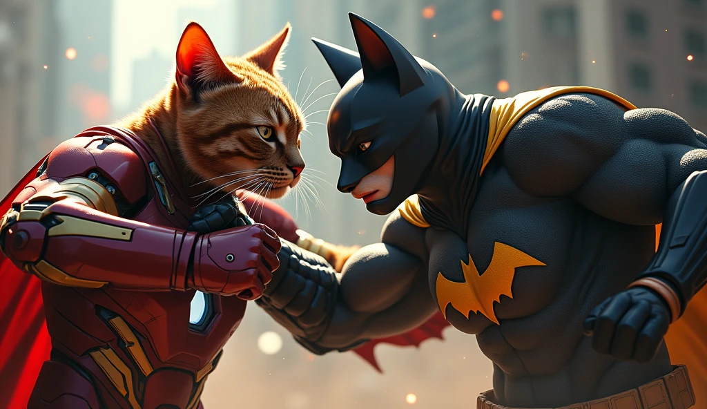 a fierce battle between an iron man cat and a batman cat, detailed furry feline characters, intricate cat superhero costumes, dynamic action poses, dramatic lighting, cinematic composition, vibrant colors, highly detailed, 8k, photorealistic, award winning digital art