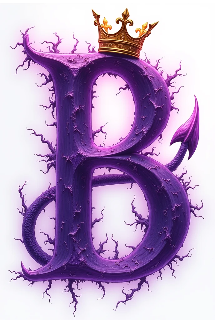 Create a B in purple color, with crifres and devil's tail in lilac color, but make them unglued and above the B a golden crown, do something flashy and shiny
