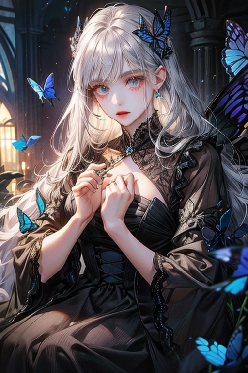 1 female, silver hair, old dress and next to 5 black butterflies, black magic