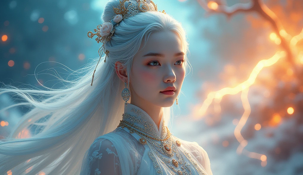 (best quality, 4k, 8k, highres, masterpiece:1.2),(ultra-detailed),(realistic, photorealistic, photo-realistic:1.37), (1girl:1.2), cute, extreme detailed, (abstract:1.4, fractal art:1.3),(silver_hair:1.1), fate (series), colorful, highest detailed, fire, ice, lightning, (splash_art:1.2), jewelry:1.4, hanfu, scenery, ink, portraits, vivid colors, studio lighting, soft focus, ethereal, delicate textures