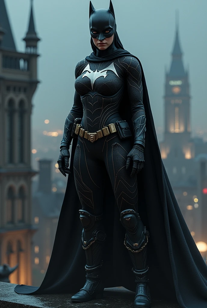 Spiderwoman mixed with Batman in night combat pose,on the rooftop of gothic city