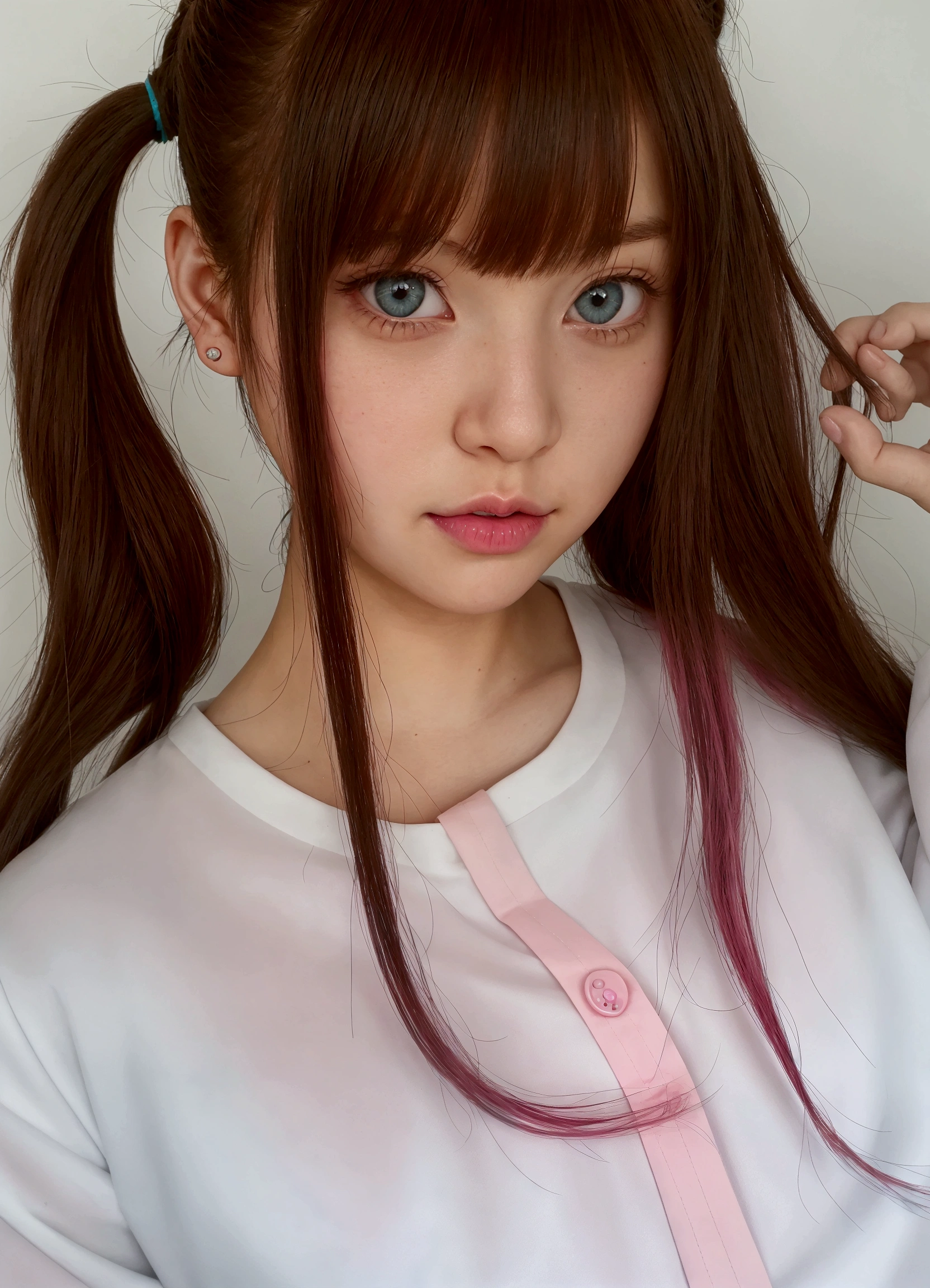 There is a young woman with a ponytail and a white shirt, Pink hair and cyan eyes., two tails hairstyle, beautiful dolphin, Cute kawaii girl, two tails, sakimichan, kawaii hairstyle, beautiful natural anime face, shikami, sakimi-chan, Kawaii realistic portrait, anime girl in real life, chiho