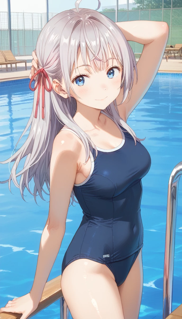 score_9, score_8_up, score_7_up, source_anime, masterpiece, absurdres, medium breasts, mature woman ,perfect face, 1girl, cute expression, smiling, looking at viewer, standing, arched back, pool, alisamikhailovna, alisamikhailovna kujou, long hair, bangs, blue eyes, ahoge, gray hair, red ribbon, blue school swimsuit