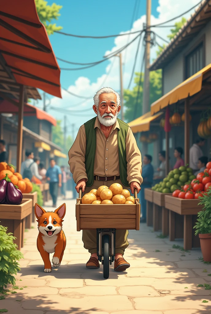 Healing anime style。Grandpa pushes a cart of potatoes to the market，There are eggplants, pumpkins and peppers on the vegetable stall next to it.，The puppy is helping grandpa push the cart，A car that hit my grandfather