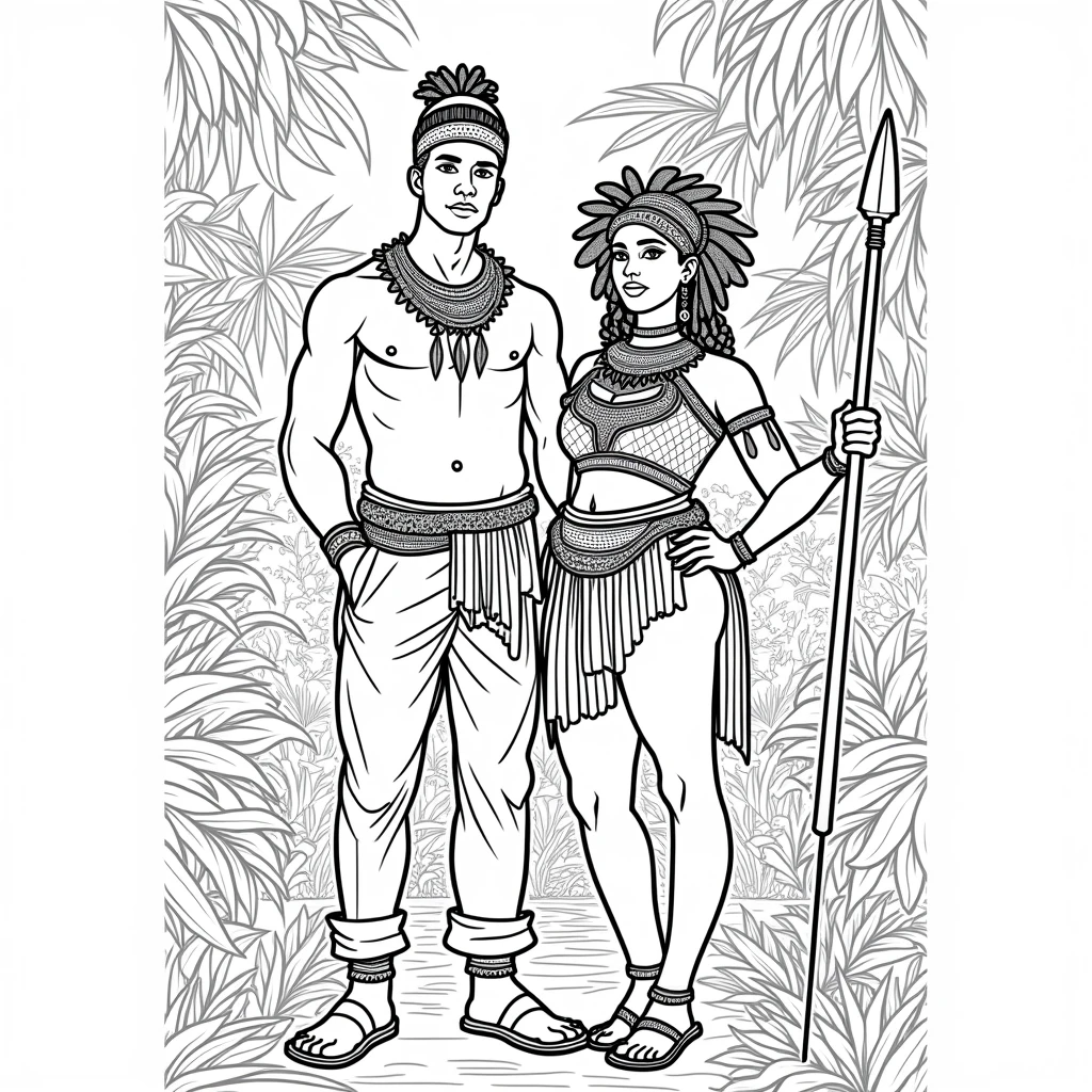  high-resolution line art coloring book page featuring the beautiful Black girl adorned with carib indian carib jewelry and a detailed headdress. The design highlights the patterns and textures, making it perfect for a coloring book., jungle, rivers, waterfal, african, Kalinago princess,  spear, kinky hair,  beads,  kinky african hair, with her warrior husband,  